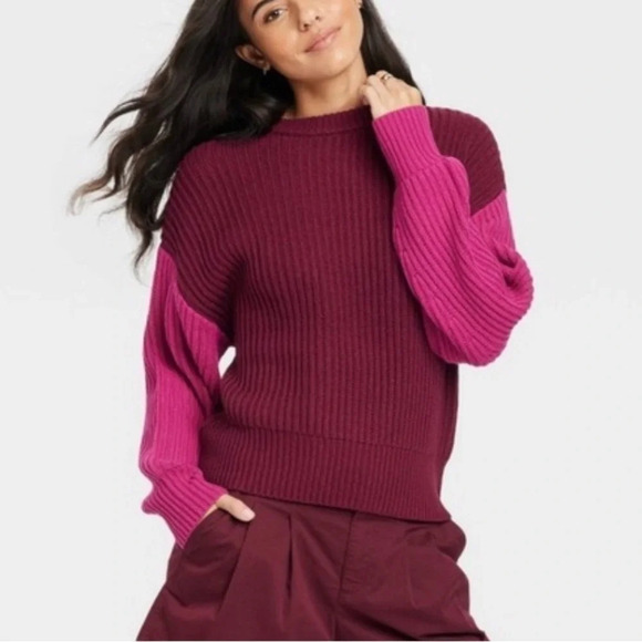 Women's Crewneck Pullover Sweater - A New Day™ Pink and Maroon - Picture 1 of 4